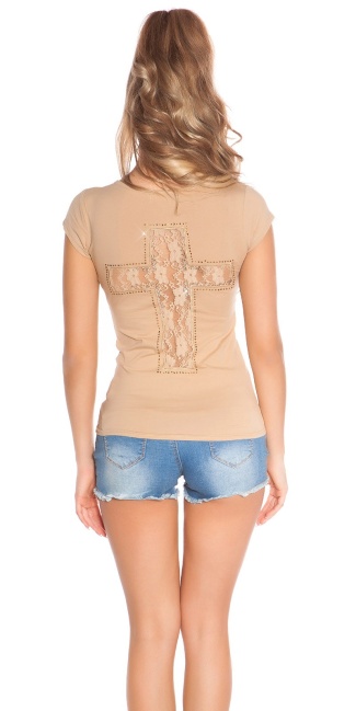 Trendy Shirt with Cross-Print and Lace Beige